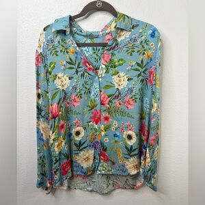 Elie Tahari XL Silk Floral Blouse Button Down Long Sleeve